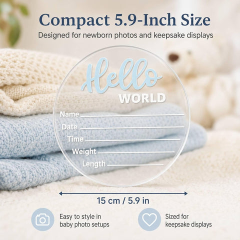 Baby Announcement Sign, 5.9 Inch“Hello World” Newborn Sign for Birth Announcement, Baby Name & Welcome Baby Board, Acrylic Newborn Announcement Sign for Hospital (Blue)