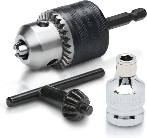 NEIKO 20754A 3/8” Drill Chuck Adapter | Chuck Drill for Impact Drivers with 1/4 Inch Quick Change Shank | Drill Converter Includes 1/2-Inch Adapter for Impact Guns | Hex to Chuck Drill Bit Adapter