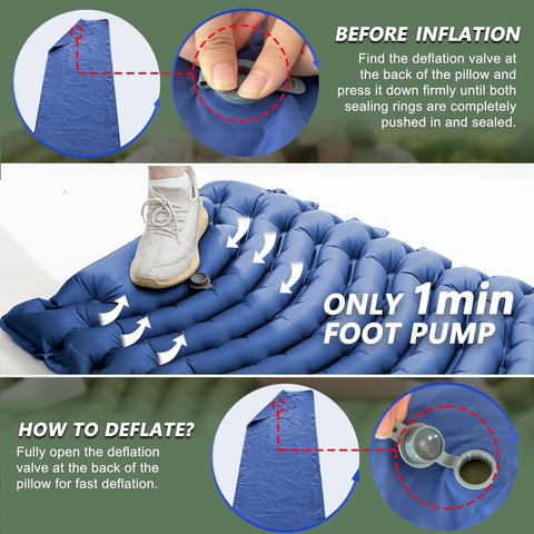 Ultralight Camping Sleeping Pad with Pillow & Built-in Foot Pump