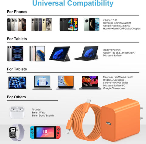 for iPhone 17 16 15 Charger Fast Charging 10FT Cable 20W USBC Cube Orange