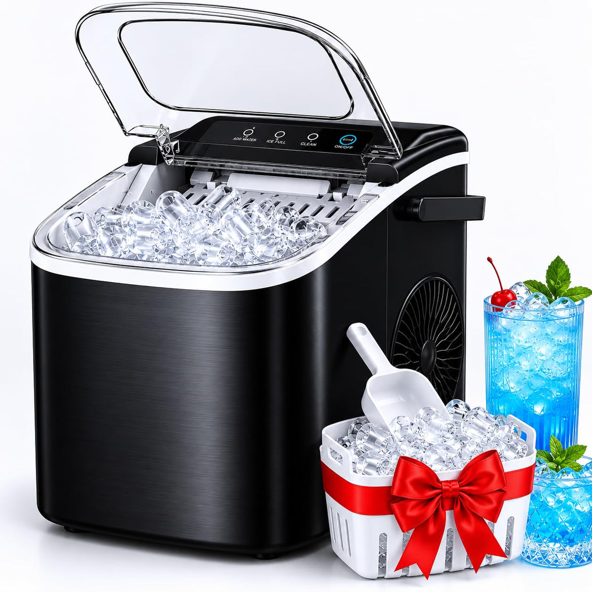 Portable Ice Maker Countertop, Self-Cleaning Ice Maker Machine, 26lbs/24Hrs, 9 Cubes in 6 Mins, Compact Ice Maker for Home/Kitchen/RV with Handle, Basket (Diamond Black)