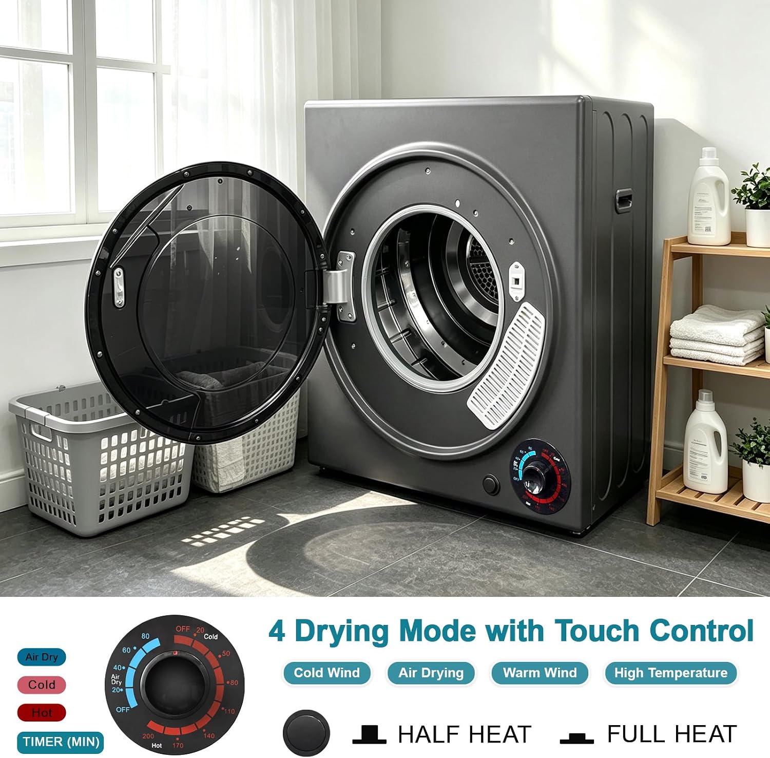 3.0 Cu.Ft Portable Dryer for Clothes, 1500W Dryer, 4 Drying Mode