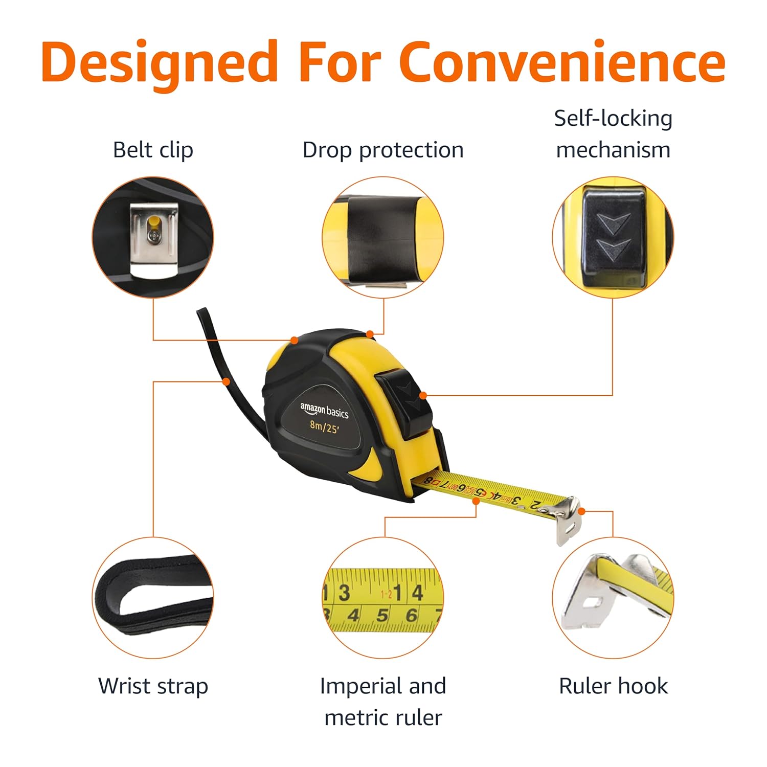 Amazon Basics Self-Locking Tape Measure, 25ft (8-meters), Accurate Dual Scale inch/metric, MID Accuracy, Extendable, 2-Pack, Yellow