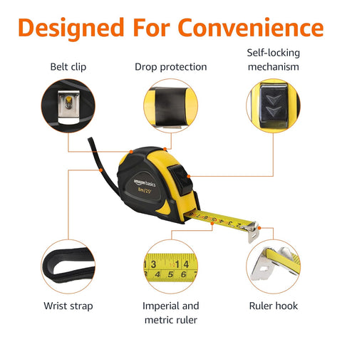Amazon Basics Self-Locking Tape Measure, 25ft (8-meters), Accurate Dual Scale inch/metric, MID Accuracy, Extendable, 2-Pack, Yellow