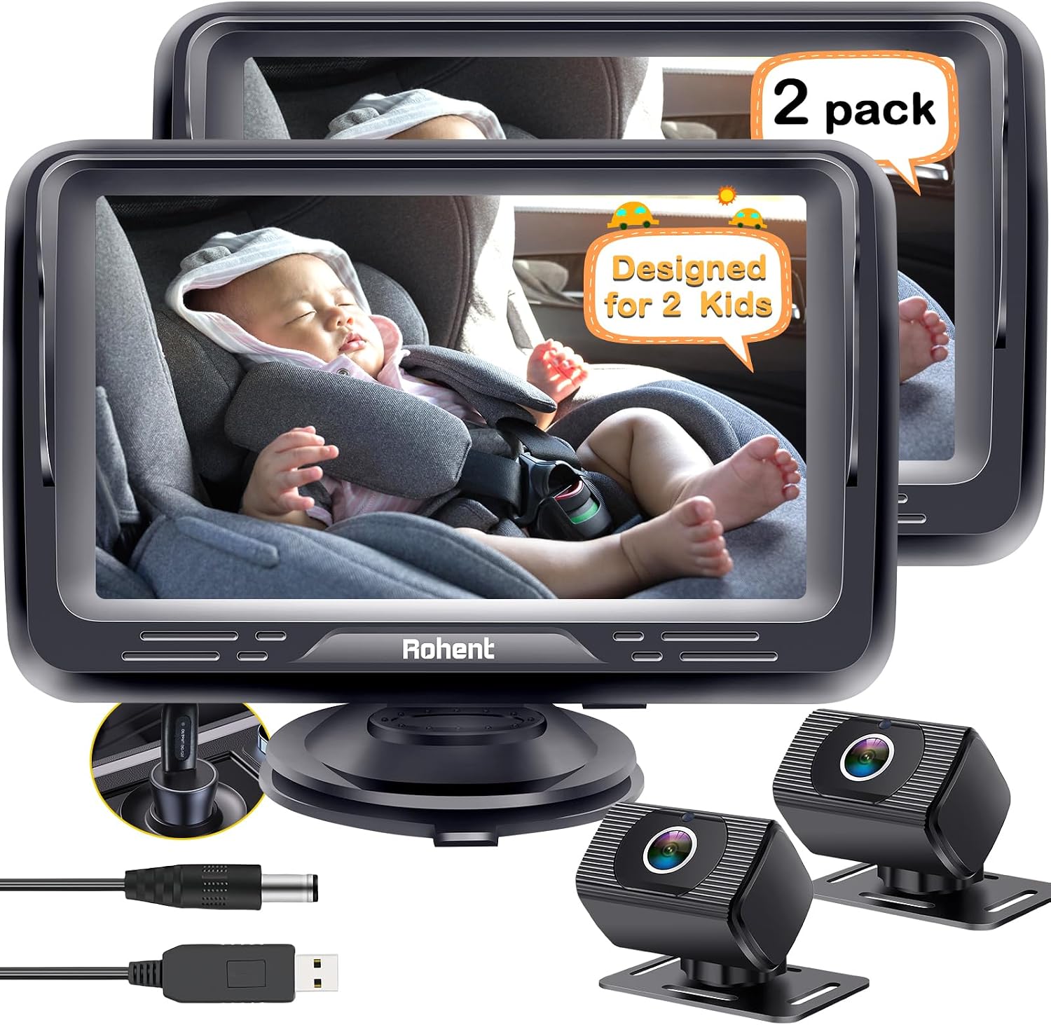 Rohent Baby Camera for Car 2 Pack: Dual HD 1080P Monitors with Night Vision
