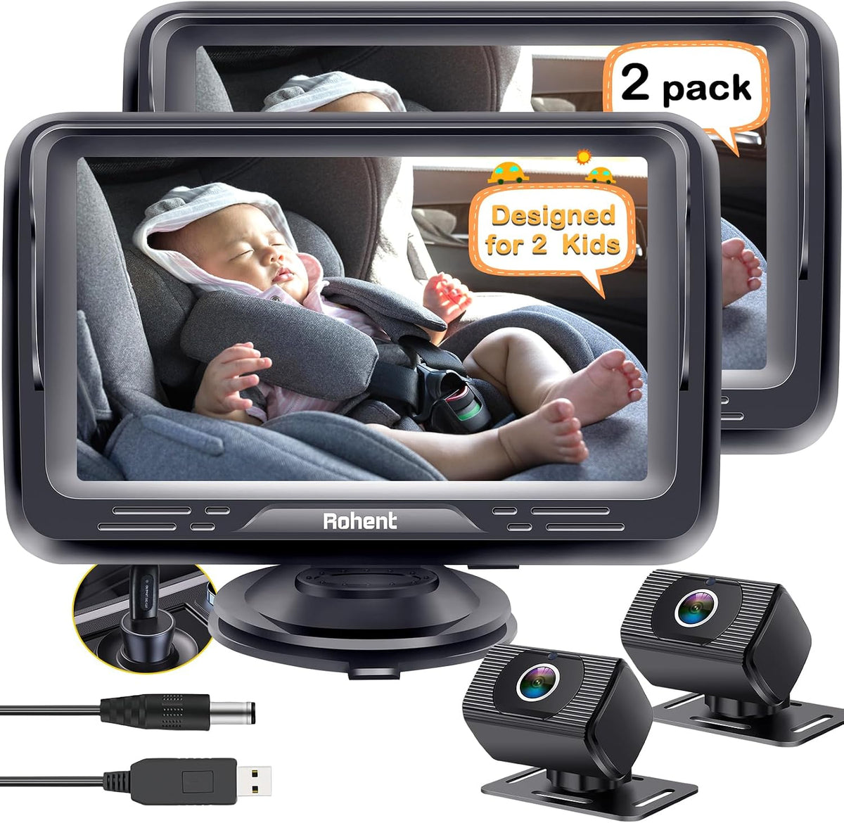 Rohent Baby Camera for Car 2 Pack: Dual HD 1080P Monitors with Night Vision