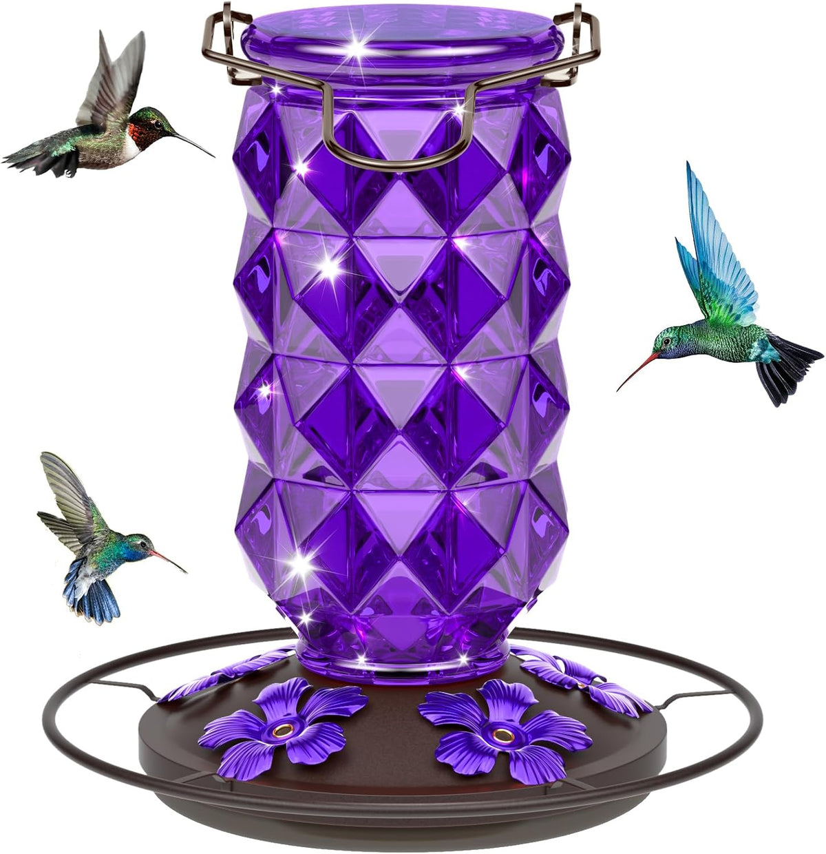 Glass Hummingbird Feeders for Outdoors, 25 Ounces Wild Bird Nectar Feeder with Perch & 5 Flower Feeding Ports Leak Proof Hanging for Garden Backyard Decor, Gifts for Women Mom, Purple