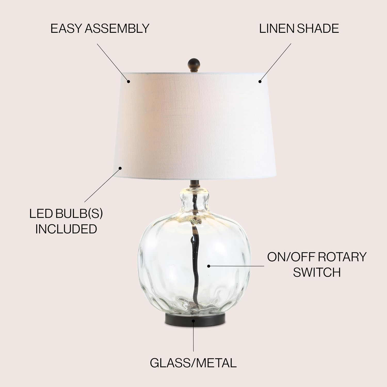 JONATHAN Y Rae Bedside Table Lamp 26.5" Clear Glass and Black Metal