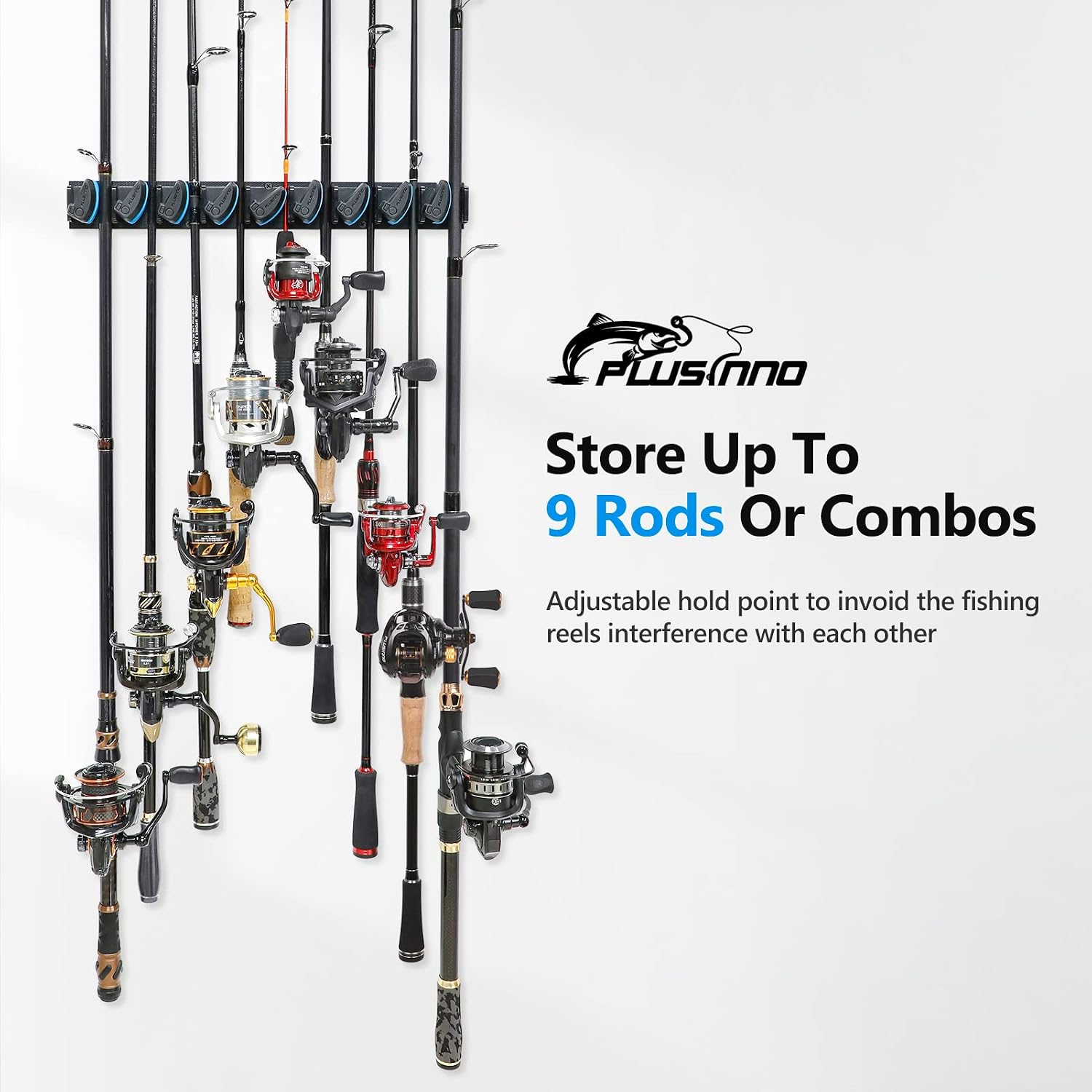 PLUSINNO V9 Vertical Fishing Rod Holder, Wall Mounted Fishing Rod Rack, Fishing Pole Holder Holds Up to 9 Rods or Combos, Fishing Rod Holders for Garage,Fishing Gear and fishing Gifts for Men