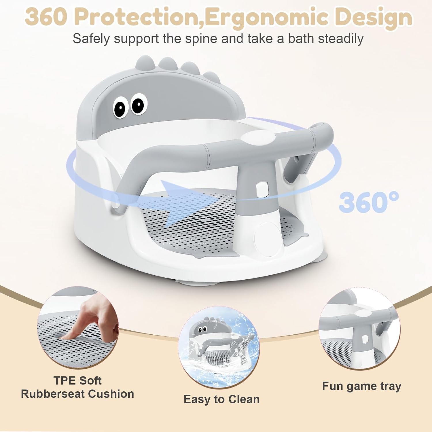 Baby Bath Seat for Babies 6 Months & Up Sitting Up, Non-Slip Baby Bath Chair with Suction Cup, Safe and Comfortable Portable Infant Bath Seat for Bathroom, Bathtub Tub, Easy to Clean (Grey)