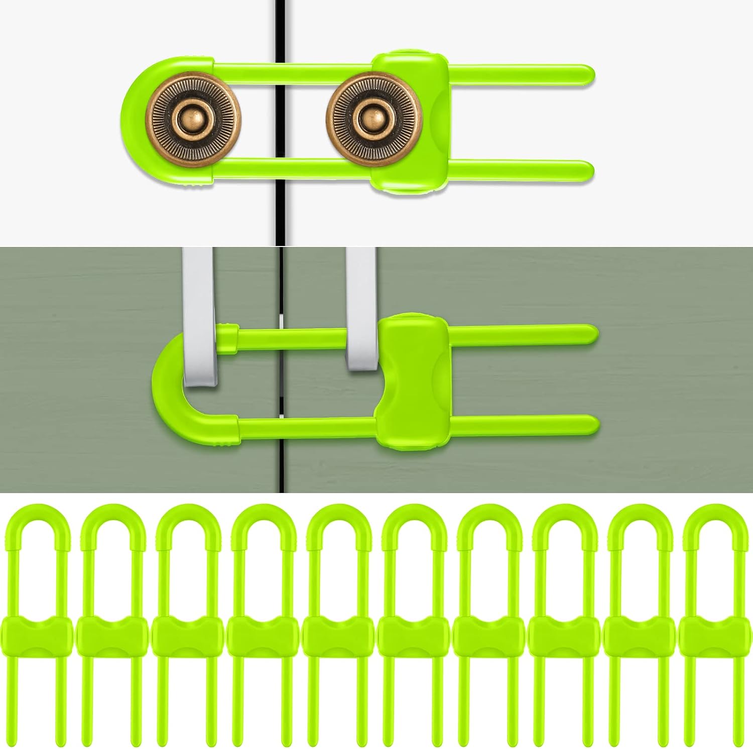 Jetec 10 Pack Baby Proof Cabinet Locks Adjustable U Shaped,Green
