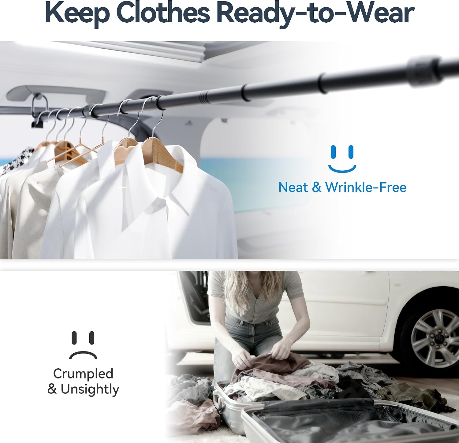 Car Clothes Hanger Bar, Adjustable 35-60 Inch Vehicle Garment Rod, Heavy Duty Travel Clothes Organizer for Cars, SUVs, Vans & Trucks, Non-Slip Rings Keep Clothes Secure