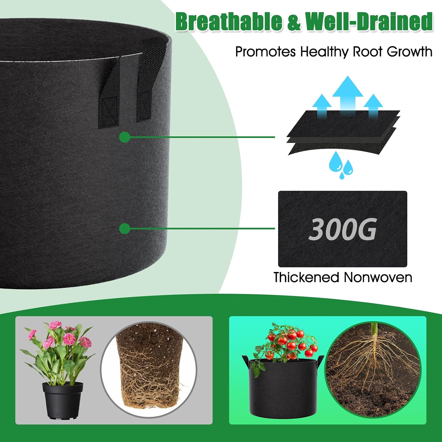 FEED GARDEN 15 Gallon Plant Grow Bags 4 Pack 300G Fabric Pots with Handles