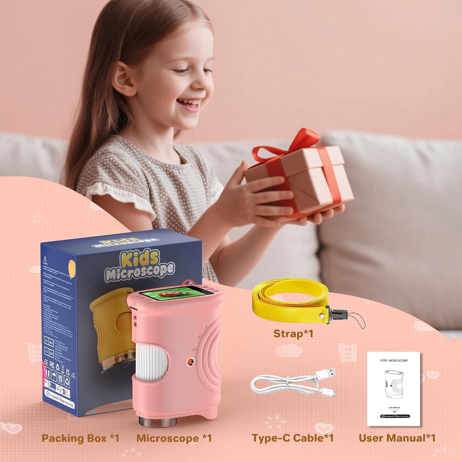 1000X Handheld Digital Microscope for Kids: Pocket Microscope with 2.0" IPS Screen - STEM Toys Birthday Gifts for Girls Boys - Portable Edu Science Kits Toddler Age 3-6 6-12 Pink