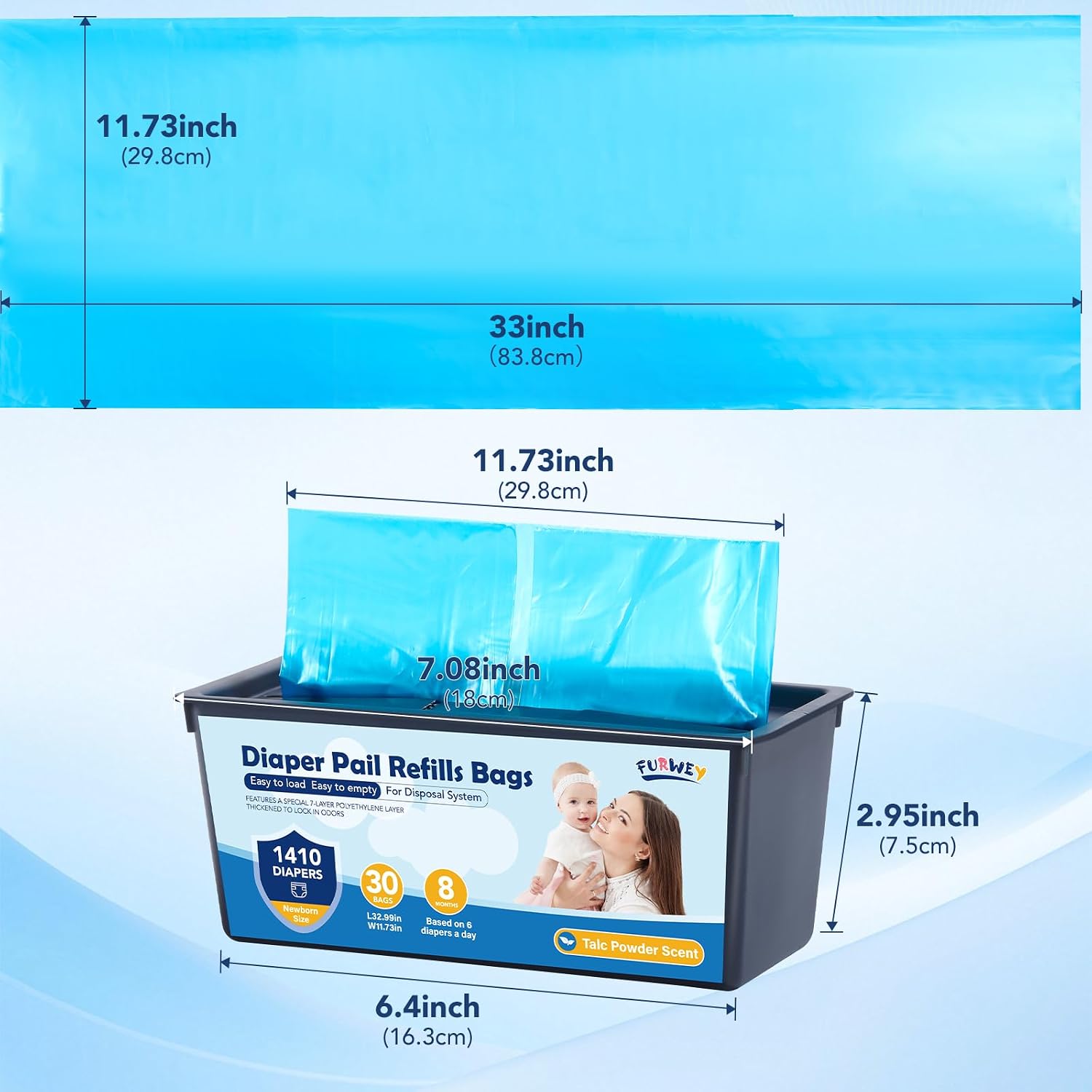FURWEY Diaper Pail Refill Bags, 2-Pack (60 Bags), 30 Bags Per Refill