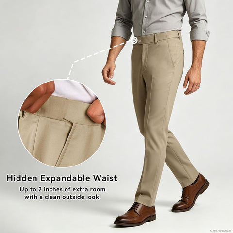 Mens Classic Fit Dress Pants Expandable Waist Slacks Big and Tall