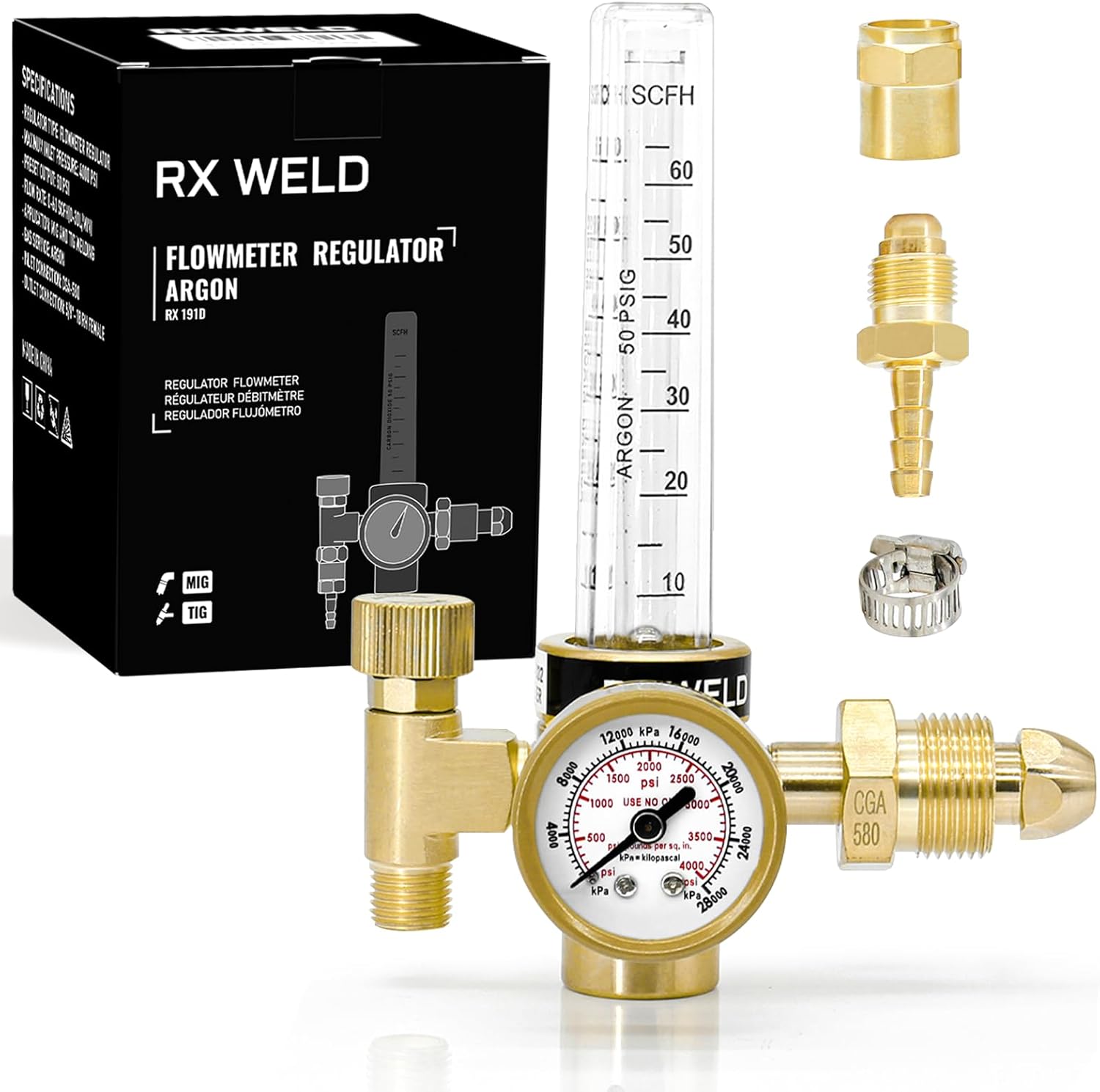 RX WELD Argon Regulator for MIG TIG Weld, CGA580