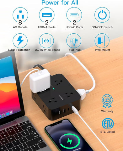 Power Strip Surge Protector, 5Ft Flat Extension Cord with Multiple Outlets