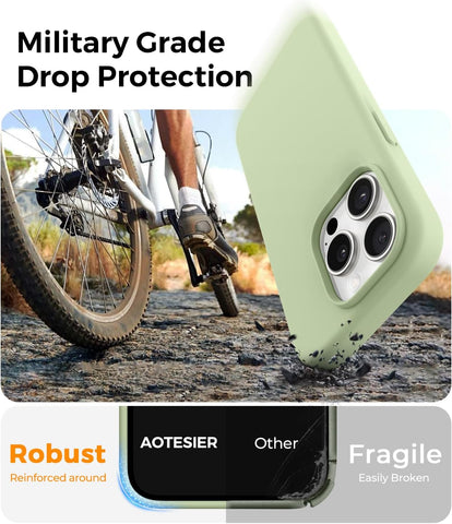 AOTESIER Compatible with iPhone 15 Pro Case, Full Body Food-Grade Silicone Wear-Resistant, Anti-Drop Protection with Soft Anti-Scratch Microfiber Lining Phone Case, Light Green