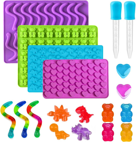 Gummy Candy Molds - Silicone Gummy Bear/Dinosaur/Hearts/Gummy Worm Mold with 2pcs Dropper,Non-stick and Bpa Free for Mini Candy Chocolate Gummies Baking