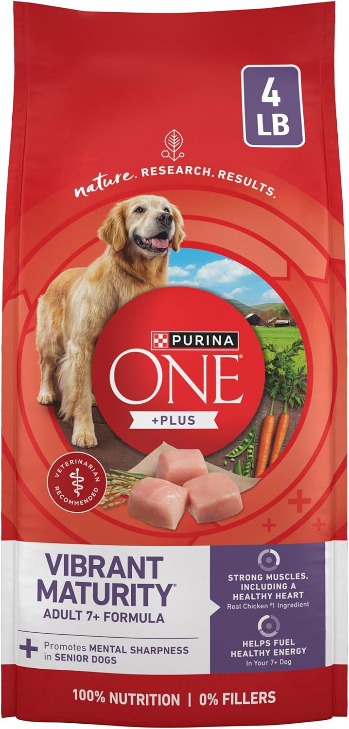 Purina ONE High Protein Dry Senior Dog Food Plus Vibrant Maturity Adult 7 Plus Formula - 4 Pound (Pack of 4)