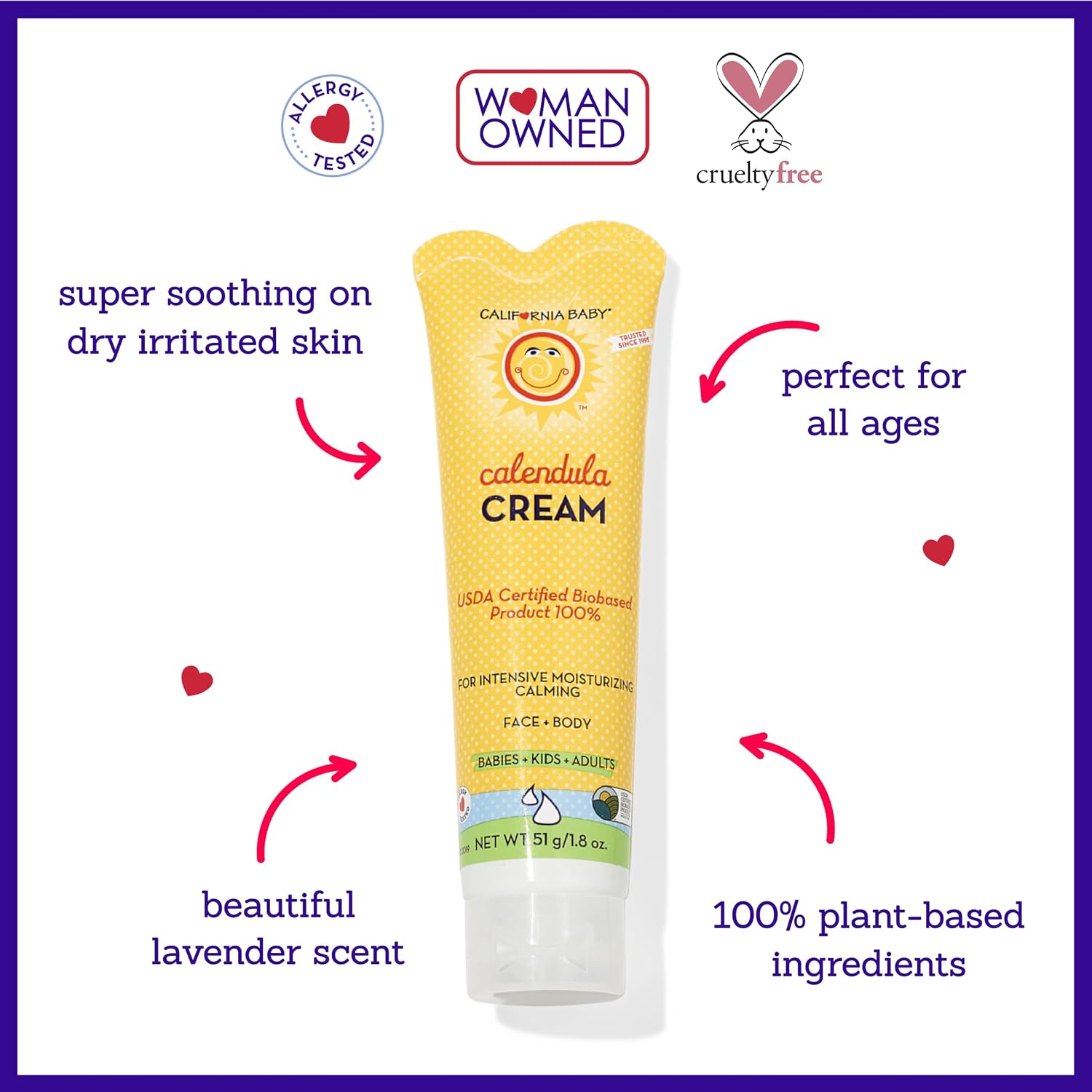 California Baby Calendula Cream | 100% Plant-Based Moisturizer | Lavender Baby Lotion | Face Moisturizer For Dry Skin | Hypoallergenic | 1.8 oz / 51g