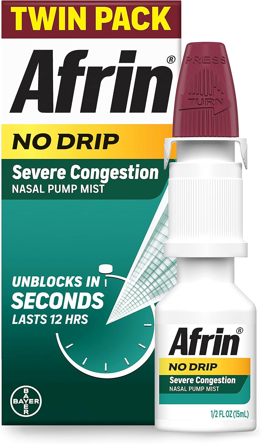 Afrin No Drip Severe Congestion Nasal Spray Twin Pack, Non-Drowsy, Fast-Acting Nasal Decongestant for Nasal Congestion and Sinus Pressure Relief, Adults and Children 6 and Older, .5 fl oz (Pack of 2)