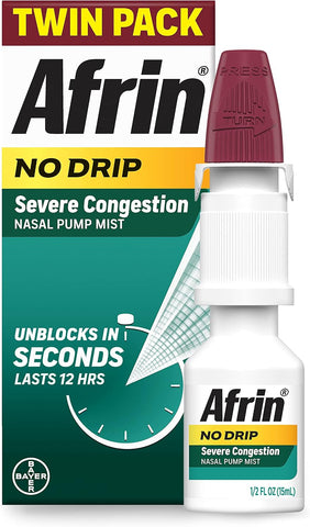 Afrin No Drip Severe Congestion Nasal Spray Twin Pack, Non-Drowsy, Fast-Acting Nasal Decongestant for Nasal Congestion and Sinus Pressure Relief, Adults and Children 6 and Older, .5 fl oz (Pack of 2)