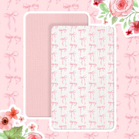 Breling 2 Pcs Muslin Pink and Pink Bow Crib Sheets for Girl, 52"X 28"