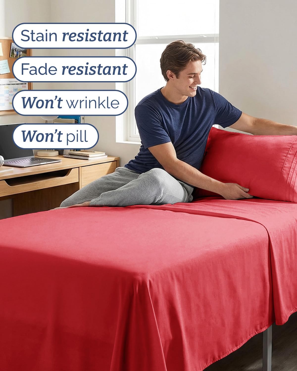 Twin XL 3 Piece Sheet Set - College Dorm Room Essentials - Red