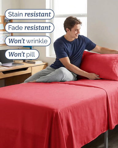Twin XL 3 Piece Sheet Set - College Dorm Room Essentials - Red