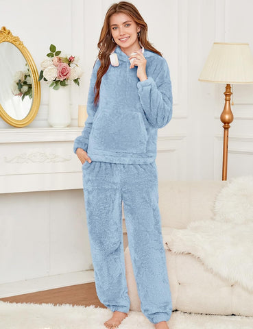 COZYPOIN Women's Fuzzy Pajamas Sets Hooded Bear Ear Fluffy Fleece Loungewear Sleep Pullover Top Pants 2 Piece Outfits Pockets