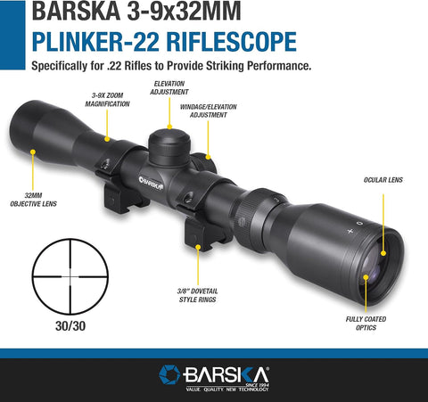 BARSKA 30/30 Crosshair Reticle Rifle Scope for .22 Plinking & Rimfire Rifles - Optimal Precision with Rings for Shooting, Hunting, Target Practice