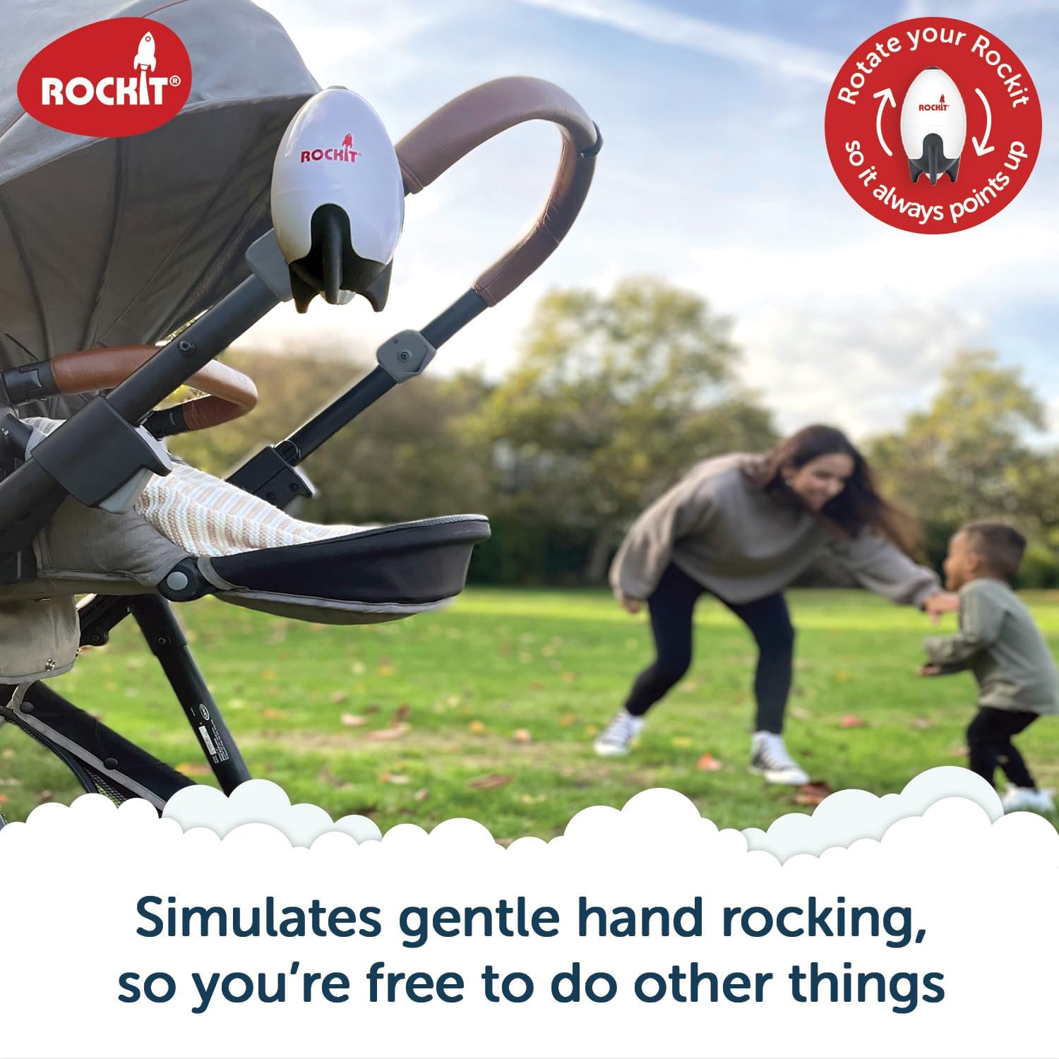 Rockit Rocker Rechargeable Pram Rocker - Baby Pushchair Rocking Device, Soothing Motion for Stroller or Buggy, Adjustable Speed, 60 Minute Timer, Universal Fit