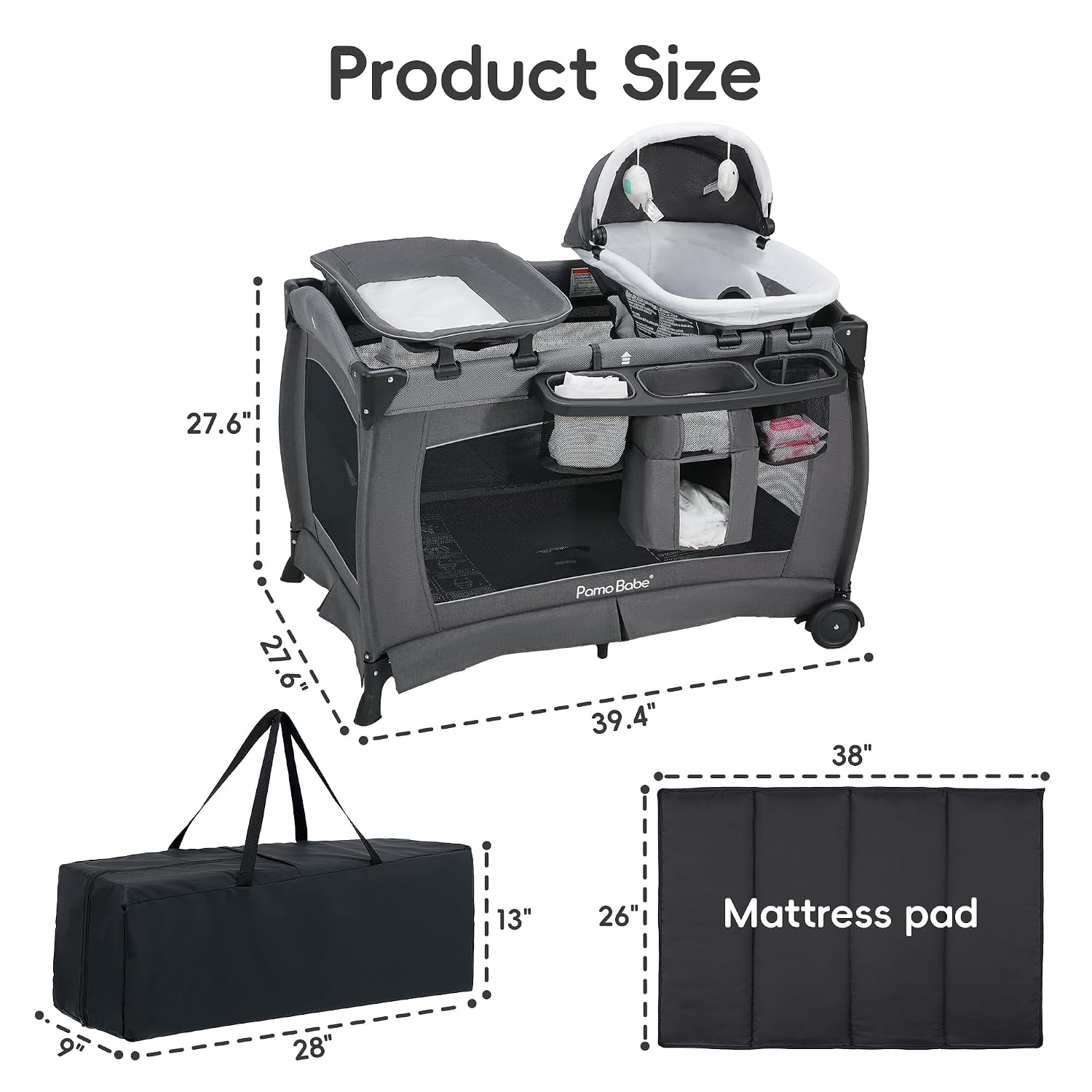 Pamo Babe Pack and Play 4-in-1 Baby Playard with Bassinet & Changing Table, Foldable Portable Playpen with Mattress, Travel Crib for Newborn to Toddler 0-36M-Black