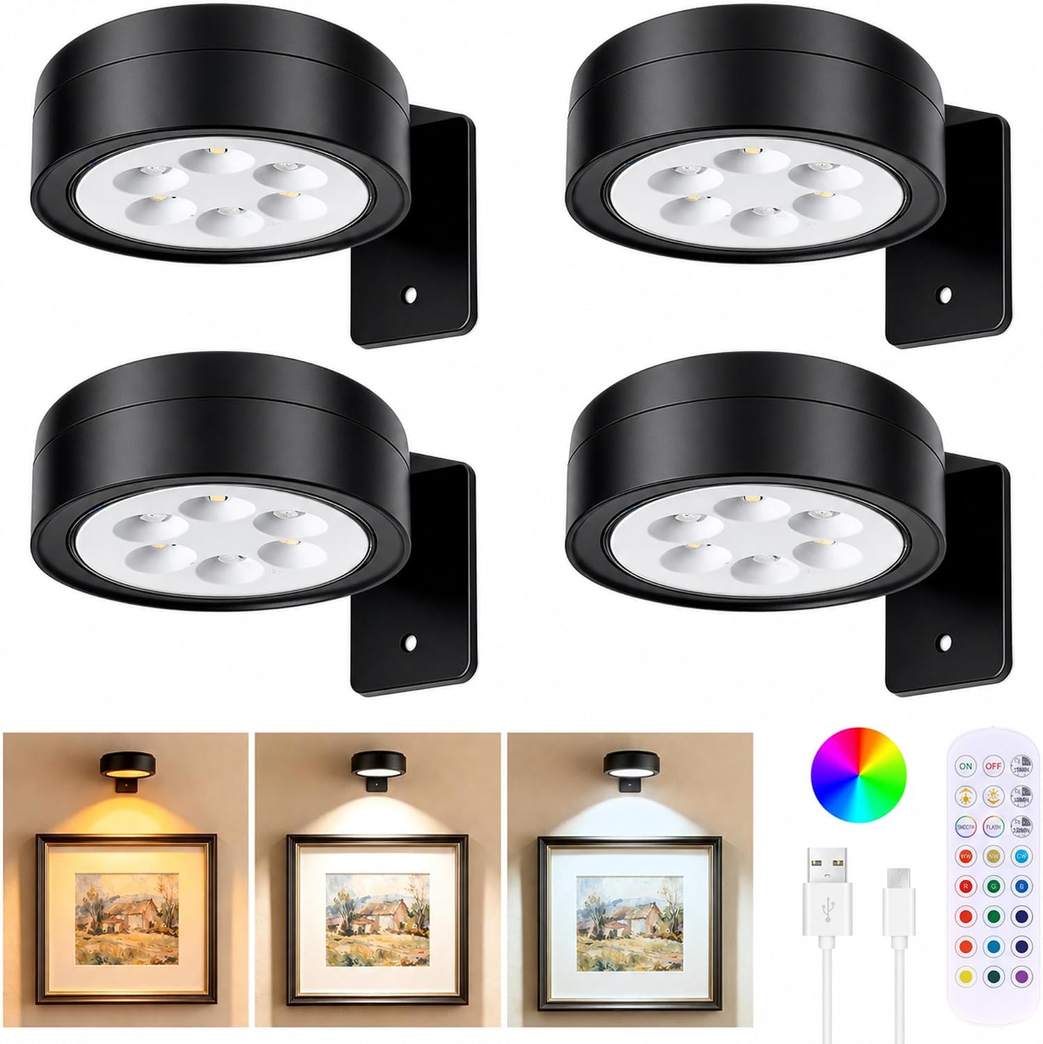 4-Pack Picture Lights for Wall, Rechargeable Wireless Poster Lights, Black