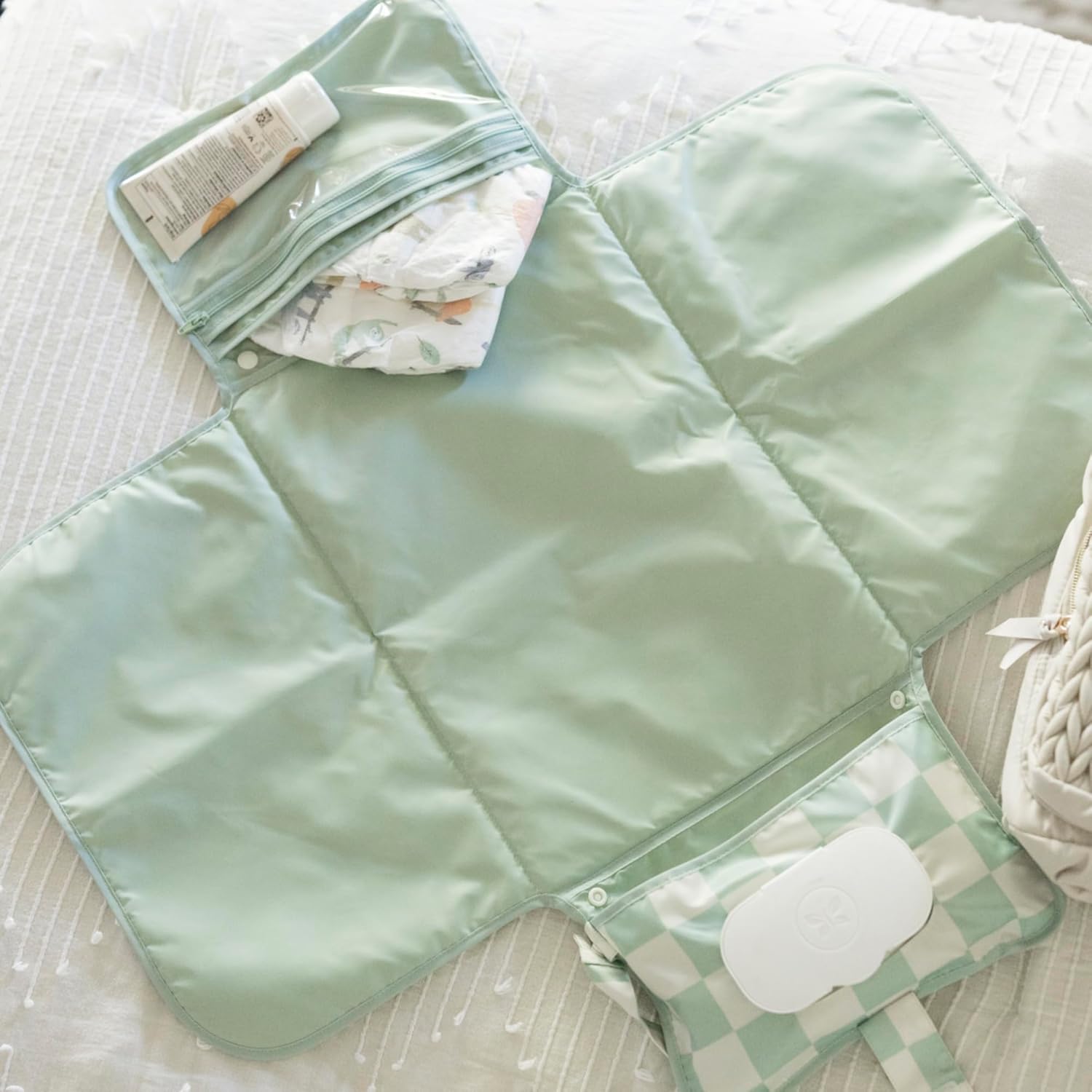 Tiny Twinkle Portable Diaper Changing Pad | Waterproof (Sage Checkers)