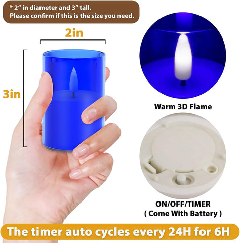 12Pack Flameless LED Candles with Timer, Battery Operated, Blue, 2"x3"