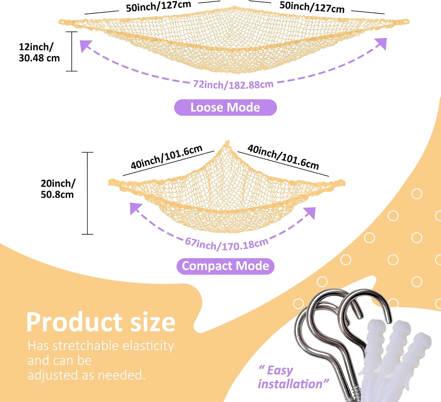 Lazebox Stuffed Animal Net Hammock for Plushie Toys, Stuffed Animal Hammock Corner for Kids' Room Decor, Ideas for Organizing Stuffy Collection, Yellow, L (72" x 50" x 50")-pack of 2