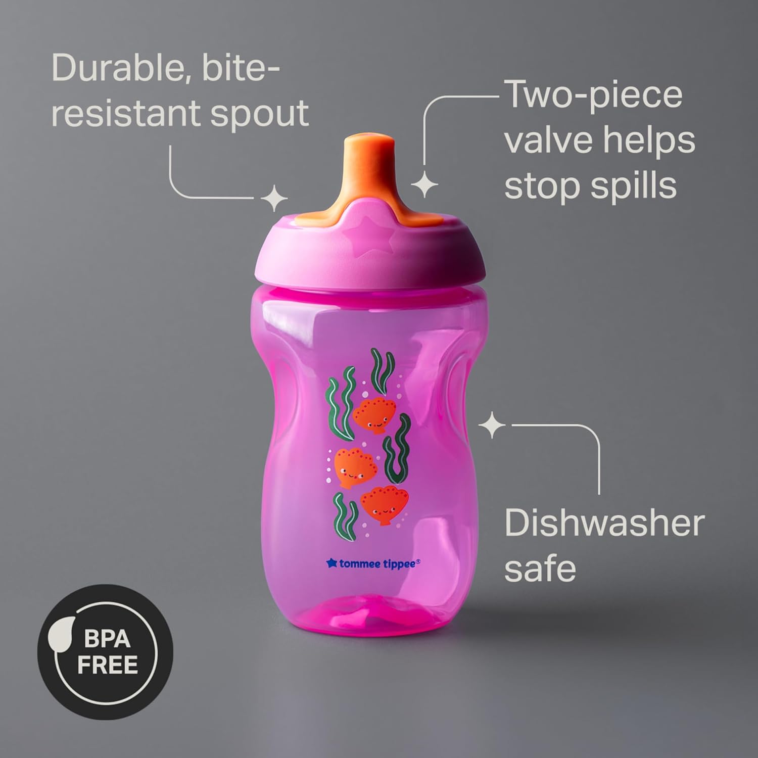 Tommee Tippee Sporty Bottle, 10oz Sippy Cups for Toddlers 1-3, Spill-Proof, Bite Resistant Spout, Easy to Hold Design, BPA Free, Pack of 3, Pink, Red and Orange