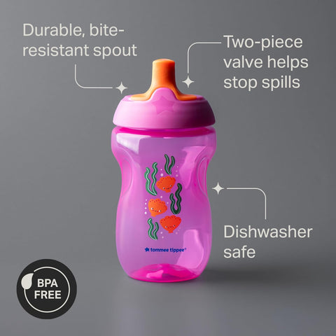 Tommee Tippee Sporty Bottle, 10oz Sippy Cups for Toddlers 1-3, Spill-Proof, Bite Resistant Spout, Easy to Hold Design, BPA Free, Pack of 3, Pink, Red and Orange