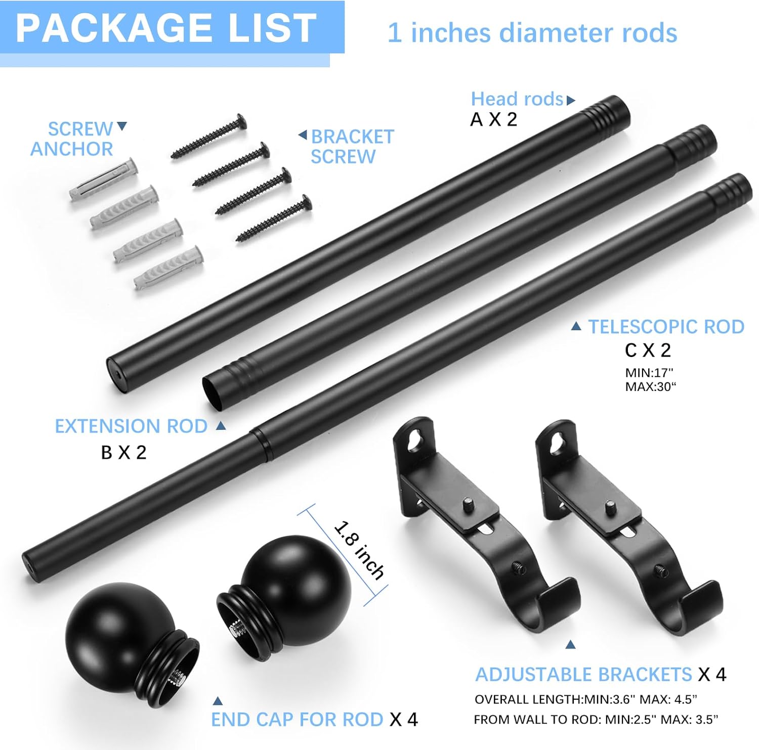 Curtain Rods for Windows 16-48", 1 In Black Curtain Rod, 2 Pack