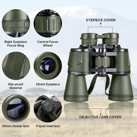 20x50 Hunting Binoculars for Adults High Powered with Low Light Night Vision - 28mm Large Eyepiece Professional Binoculars for Bird Watching Hiking Travel with BAK4 Prism FMC Lens, Green