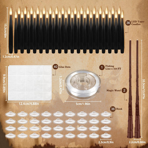 Enpornk 36 Pcs Black LED Magic Hanging Floating Candles, Taper Flickering Flameless with 2 Magic Wands - Candle Set for Halloween, Party