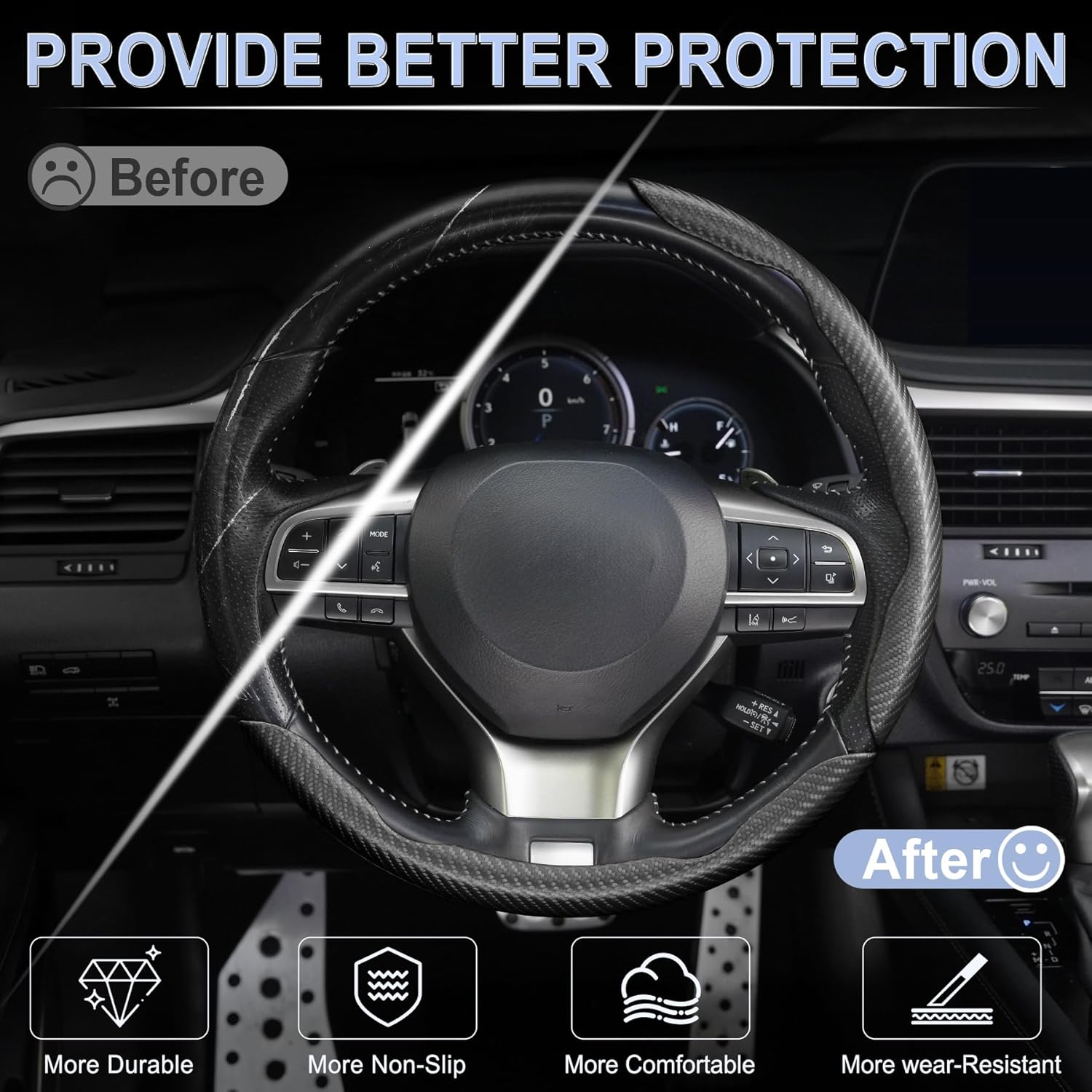 3pcs Carbon Fiber Anti-Skid Steering Wheel Cover, Waterproof & Segmented Butterfly Design, Universal 99% Vehicle Wheel Cover Protector, Car Interior Accessories (Black-3pcs)
