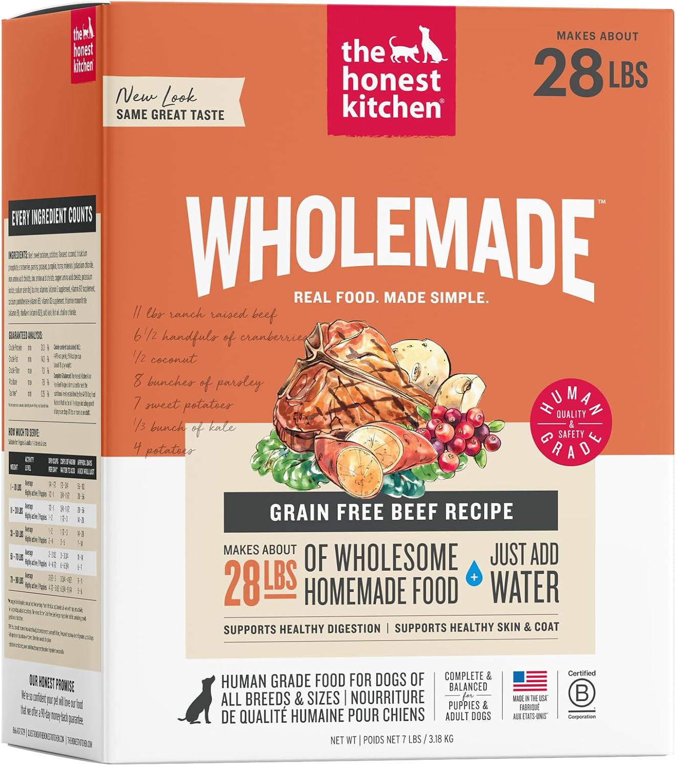 The Honest Kitchen Wholemade Grain Free Beef Recipe, Human Grade Dehydrated Dog Food, Just Add Water, Supports Healthy Digestion, Skin & Coat, Topper for Dry or Wet Dog Food, 7 lb Box Makes 28 lbs