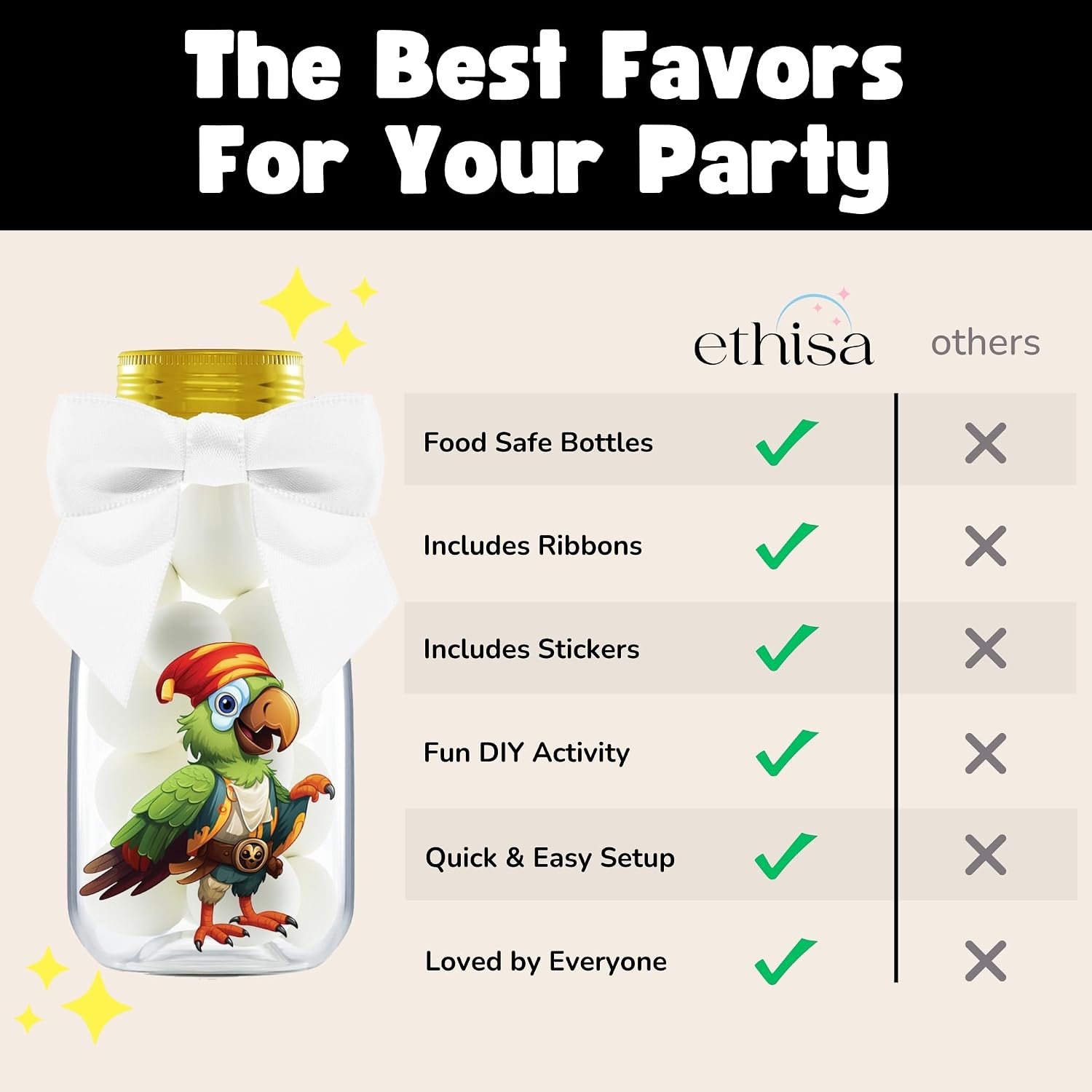 Ethisa Small 12 Pack Pirate Party Favors - DIY Candy Jars with Ribbons and Stickers - Party Decoration Bottles for Birthday, School Classroom, and Halloween - Pirate Table Centerpieces for Kids