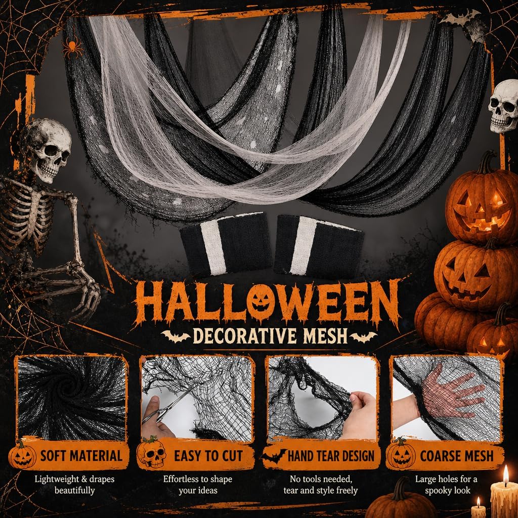 Land Guard 6Pcs Halloween Gauze Cloth, Creepy Cloth, 30×72 Inch Creepy Fabric Halloween for Haunted House Supplies, Party Outdoor, Indoor (4 Black+2 White)