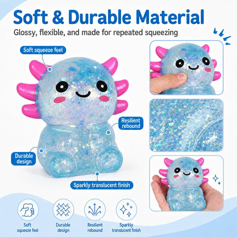 Axolotl Squishy Stress Ball, Soft TPR Slow Rising Squeeze Toy, Cute Axolotl Fidget Toy for Stress Relief, Anxiety Calming Sensory Toy for Kids Adults(Blue Seated Axolotl)