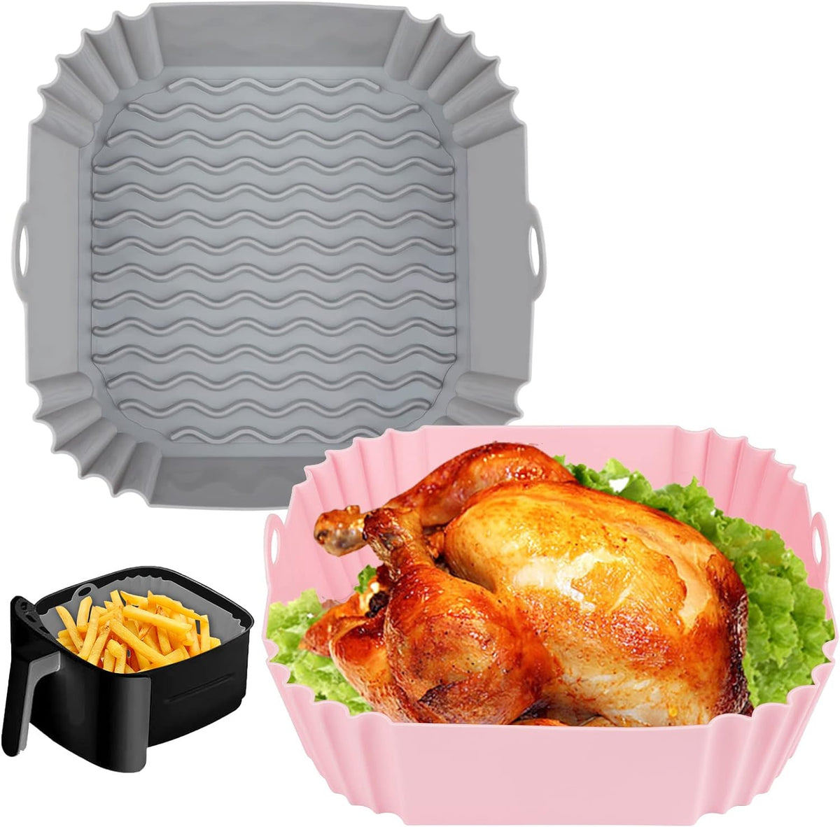 Boribim 2 PCS Square Silicone Air Fryer Liners - 8 Inch Air Fryer Reusable Liners - Kitchen Accessories - AirFryer Inserts for 4 to 7 QT Oven Microwave Accessories (Grey + Pink)